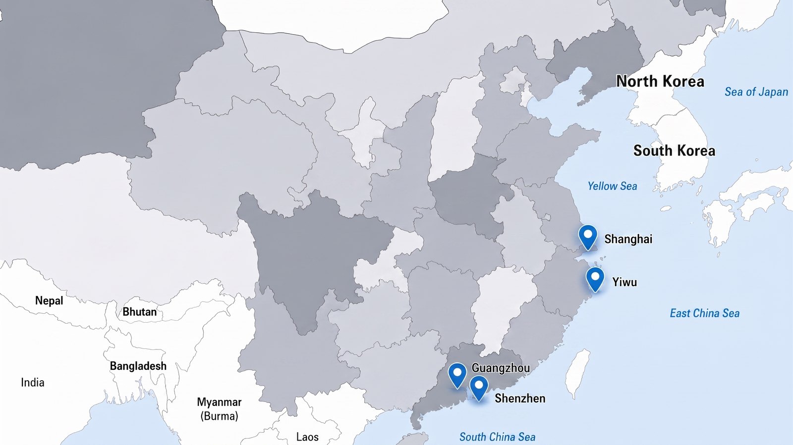 Map of China marking the Shanghai, Yiwu, Guangzhou and Shenzhen sourcing regions